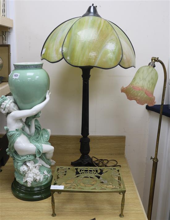 Two Tiffany style lamps, a brass kettle stand and a pale green celadon vase